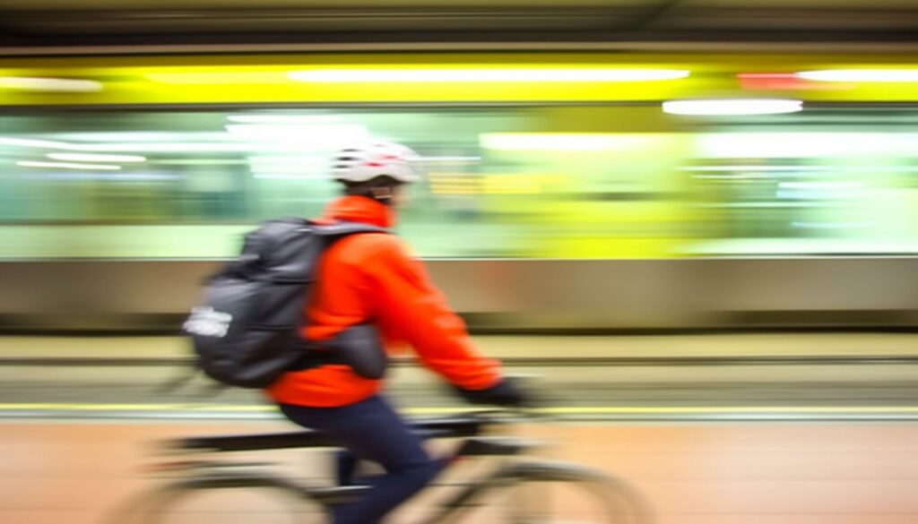Rushing commuter riding subway train, leaving city life behind